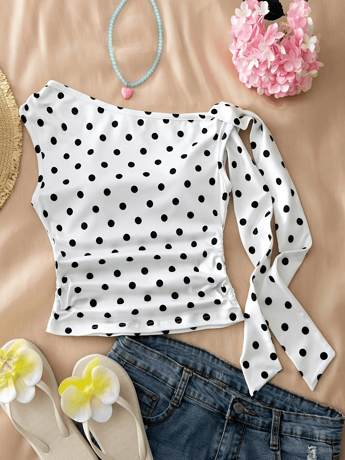 Off Shoulder Polka Dot Crop Top One Long Sleeve Ruched Slim Blouse Girls Holiday Daily Wear Show Figure Fashion Tee
