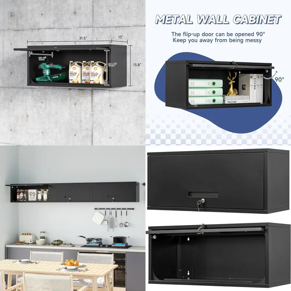 

Черный настенный шкаф для хранения с откидной дверцей для гаража, склада, дома и офиса - требуется сборка