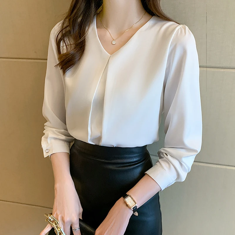 New Fashion Long Sleeve Women Blouse Blusas Mujer De Moda 2024 V-Neck White Chiffon Blouse Shirt Women Tops Blouses Shirts G175