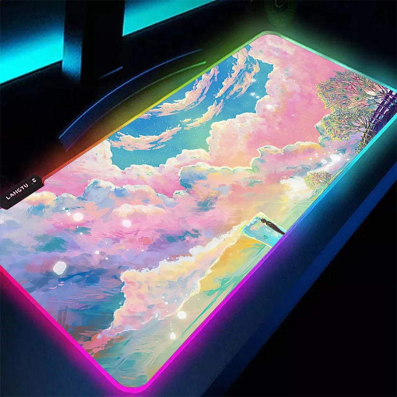 

LED Mouse Pad Carpet RGB Laptop PC Gamer Kawaii Keyboard Pad Pink Clouds Mousepad Edge White Tassel Rubber Extended Desktop Mat