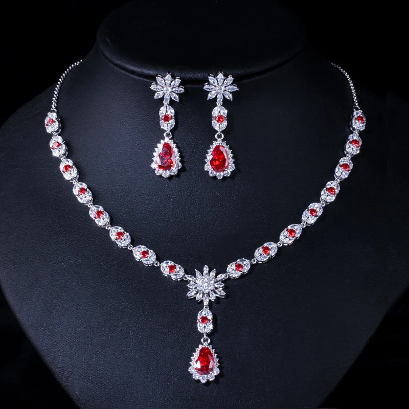 

ThreeGraces Red Cubic Zirconia Crystal Silver Color Fashion Earrings and Necklace Set for Women Chic Party Costume Jewelry JS611