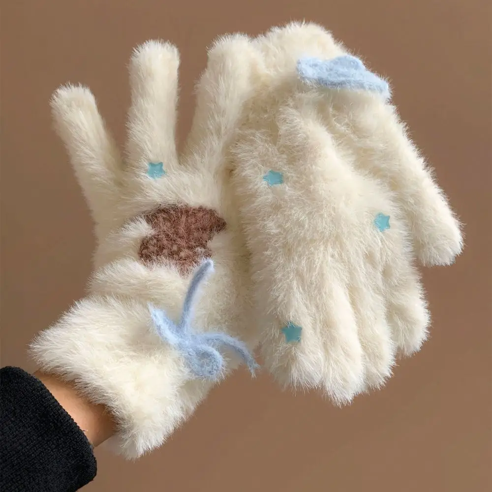 Cozy Bow Star Cat Pattern Full Finger Gloves Polyester One Size Touch Screen Gloves Winter Warm Gloves Cycling