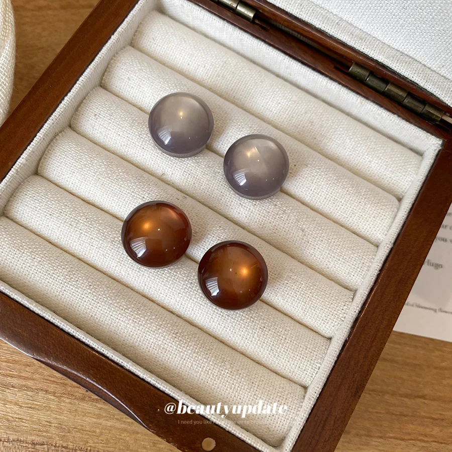 Retro Dome Shaped Cat Eye Effect Stud Earrings Pair Warm Mocha Silver Gray Tone Minimalist Smooth Geometric Ear Jewelry