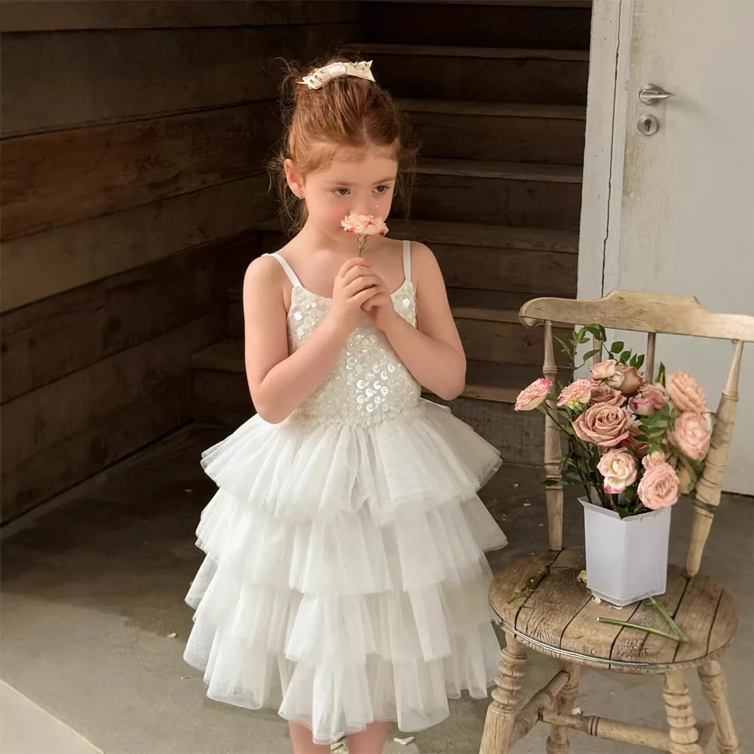 

2026 Spring Summer Girls TUTU Mesh Dress Sleeveless Girls Water Drop Sequin Strap Dress Princess Dress