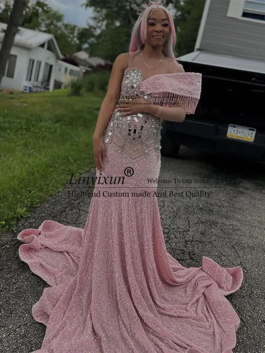 Cristais brilhantes strass sereia vestidos de baile para menina negra vestido de festa à noite personalizado sexy fora do ombro robes de soirée