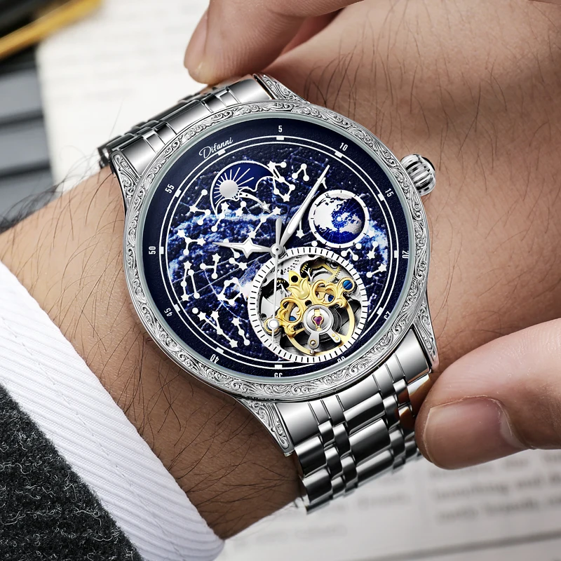 Starry Sky Luminous Tourbillon Mens Watch Top Brand Luxury Automatic Mechanical Watch Men Vintage Moon Phase