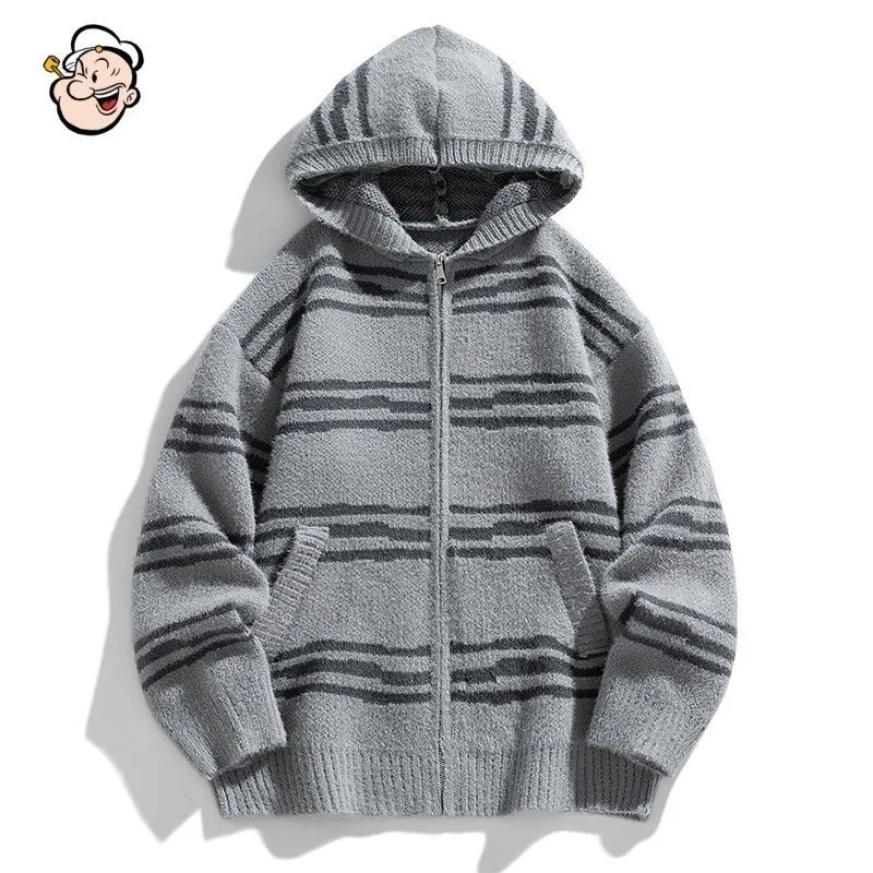 ฤดูใบไม้ร่วง/ฤดูหนาวใหม่แฟชั่น Thicken WARM STRIPES เสื้อกันหนาวผู้ชาย Casual หลวมกีฬาขนาดใหญ่คุณภาพสูงถักเสื้อ