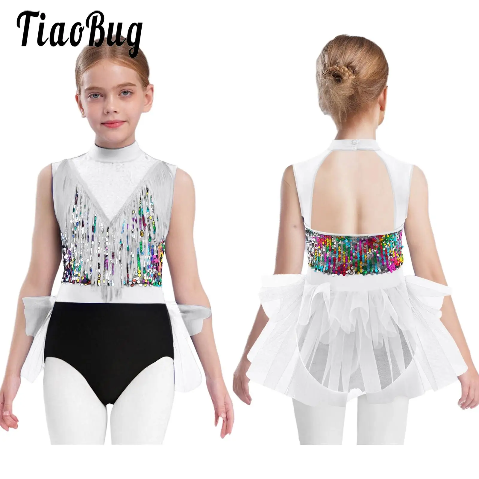 

Girls Shiny Jazz Dance Dresses Performance Sequins Tutu Leotard Ballet Skating Costume Sleeveless Cutout Back Dance Dress
