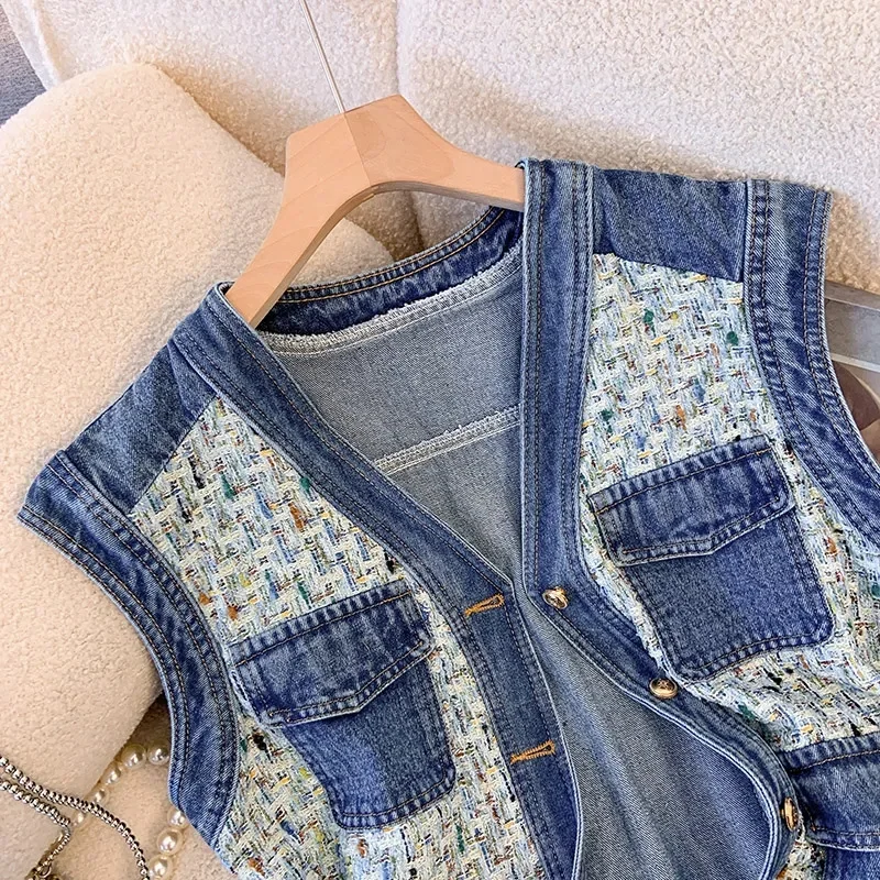 Xiaoxiangfeng Denim Vest Coat Women Spring Autumn Cowboy Sleeveless Jacket 2024 New This Year's Popular Waistcoat Female Tops