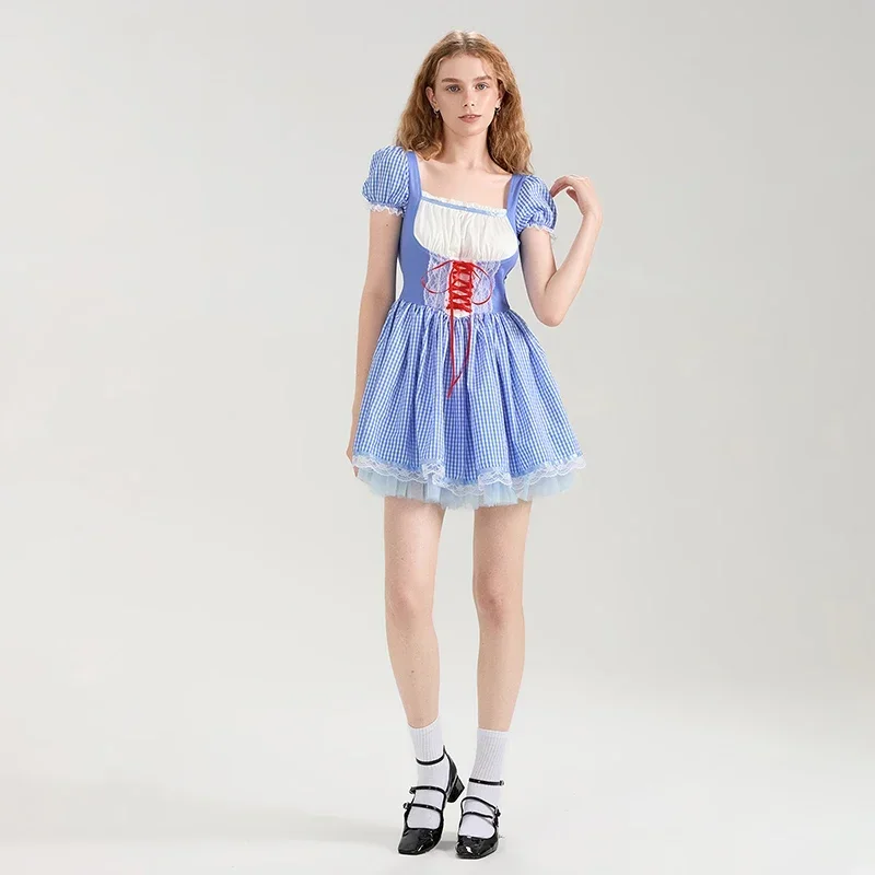 Women Cosplay Dress, Short Sleeve Square Neck Lace Patchwork Plaid Mini Dress Halloween A-line Dress