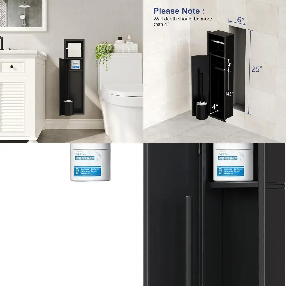 

In-Wall Matte Black Toilet Brush Holder, 4 Deep, SUS304 Stainless Steel, Rust-Resistant Bathroom Storage