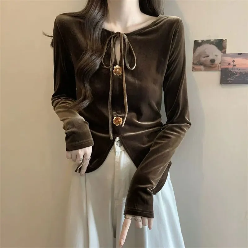 

Vintage Slim Velvet Pullovers Female Clothing Fashion Floral Three-dimensional Autumn Winter Solid Color Commute Basic T-shirt