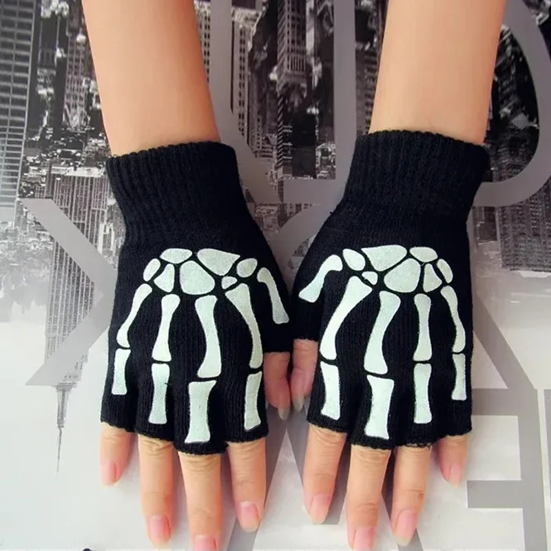 Adult Halloween Skeleton Skull Half Finger Gloves Glow In The Dark Fingerless Stretch Knitted Winter Mittens Cycling