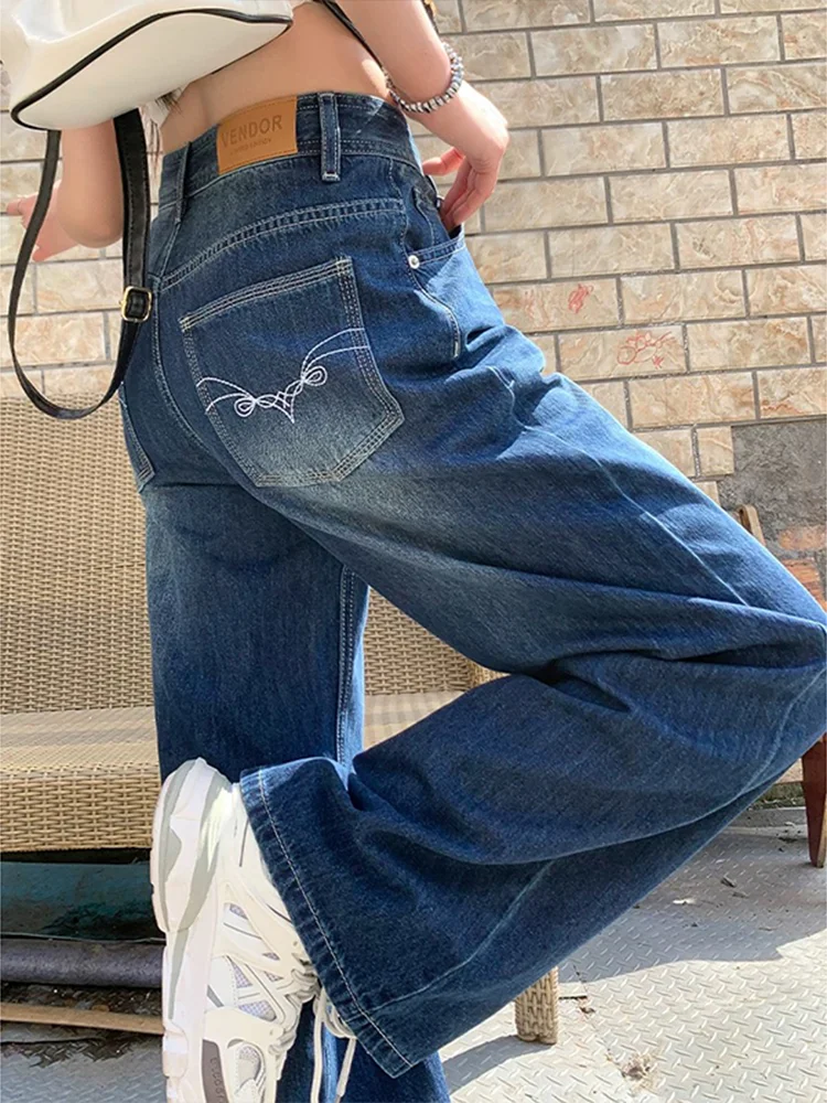 Women's Blue Baggy Jeans Y2K High Street Harajuku Streetwear Fashion  Asymmetric 2000s Style Wide Leg Pants Jeans Clothing 2024