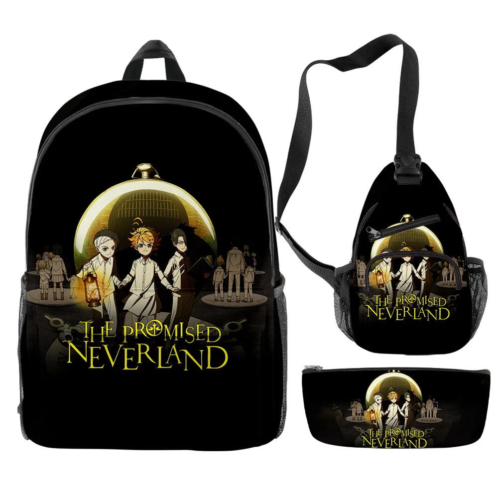 

Harajuku Novelty The Promised Neverland Anime 3D Print 3pcs/Set pupil School Bags Travel Laptop Backpack Chest Bag Pencil Case