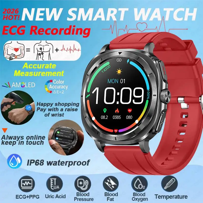 2026 حار نموذج ECG تسجيل ساعة ذكية ضغط الدم الأكسجين في الدم حمض اليوريك درجة الحرارة رسالة موجه NFC التحكم Smartwatch