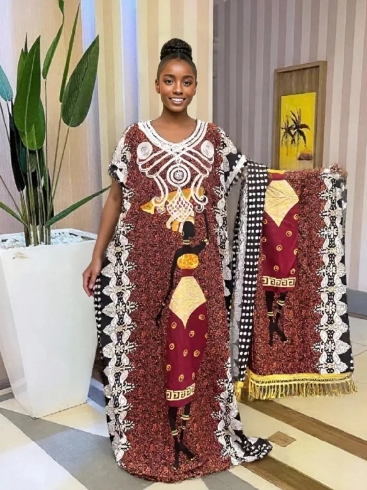 

Свободный элегантный дышащий повседневный большой шарф и карманный халат с этнической вышивкой, Абая, хлопковая женская одежда с африканским принтом