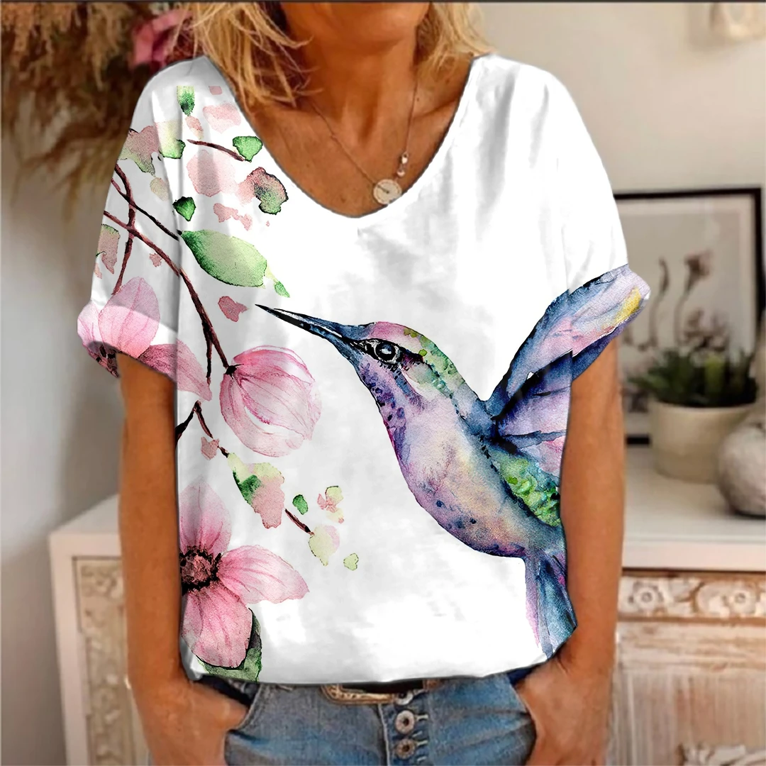 Forest Bird 3D Print T-shirts Women's Peacock Y2K Tops Woman V-neck Streetwear T Shirt Female Oversized Tees Harajuku Clothing