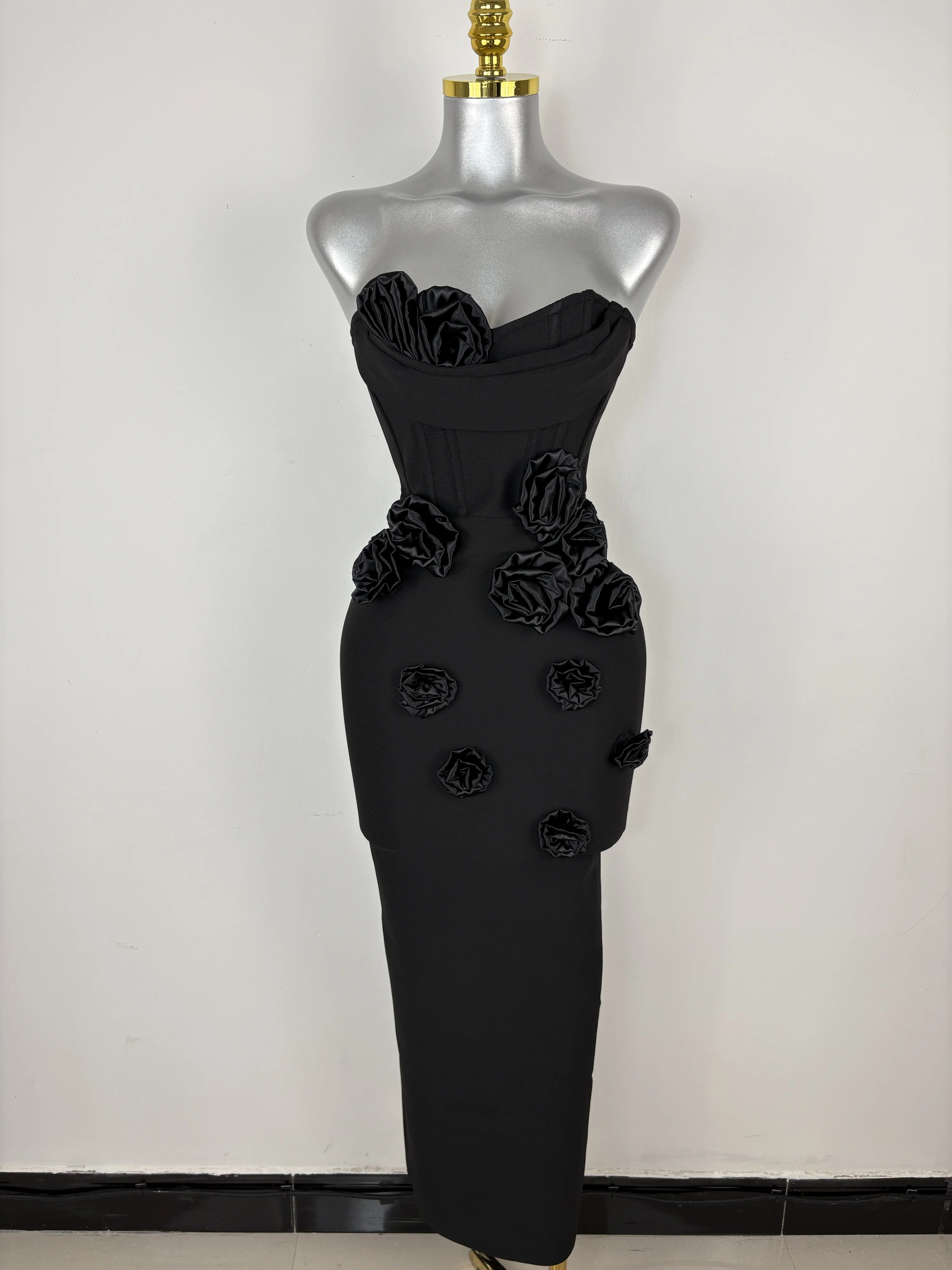 

Women Black Wihte Red Pink Strapless Florals Bandage Bodycon Mid Dress Elegant Evening Club Party Luxury Birthday Dresses