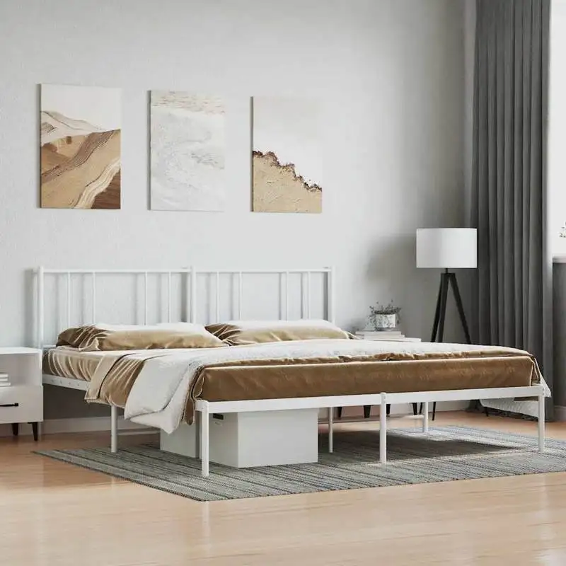 Cadre de lit métallique VidaXL blanc 180 x 203 cm en acier thermolaqué avec tête de lit confortable, sommier à lattes métalliques et pieds centraux stables, espace de rangement sous le lit, excellent
