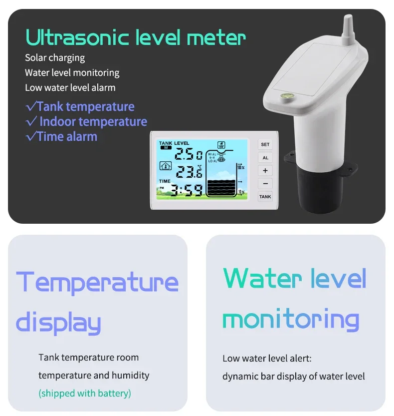 Wireless Ultrasonic Water Tank Liquid Level Meter With IP65 Waterproof Temperature Sensor 1-5m Liquid Depth Monitor Detector