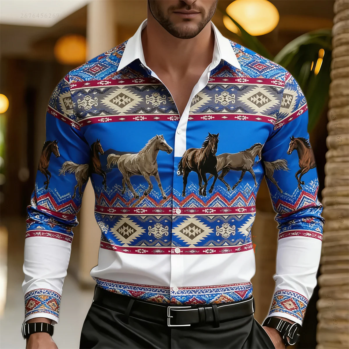 

Men's retro denim equestrian pattern shirt, comfortable and stylish long-sleeved shirt, suitable for everyday office wear, plus