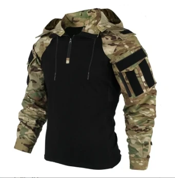 Outdoor Shirt Hooded Combat Tactical Shirts 1/4 Zipper Camo Airsoft Long Sleeve  Hiking Hunting Clothes Airsoft Camping Hunting