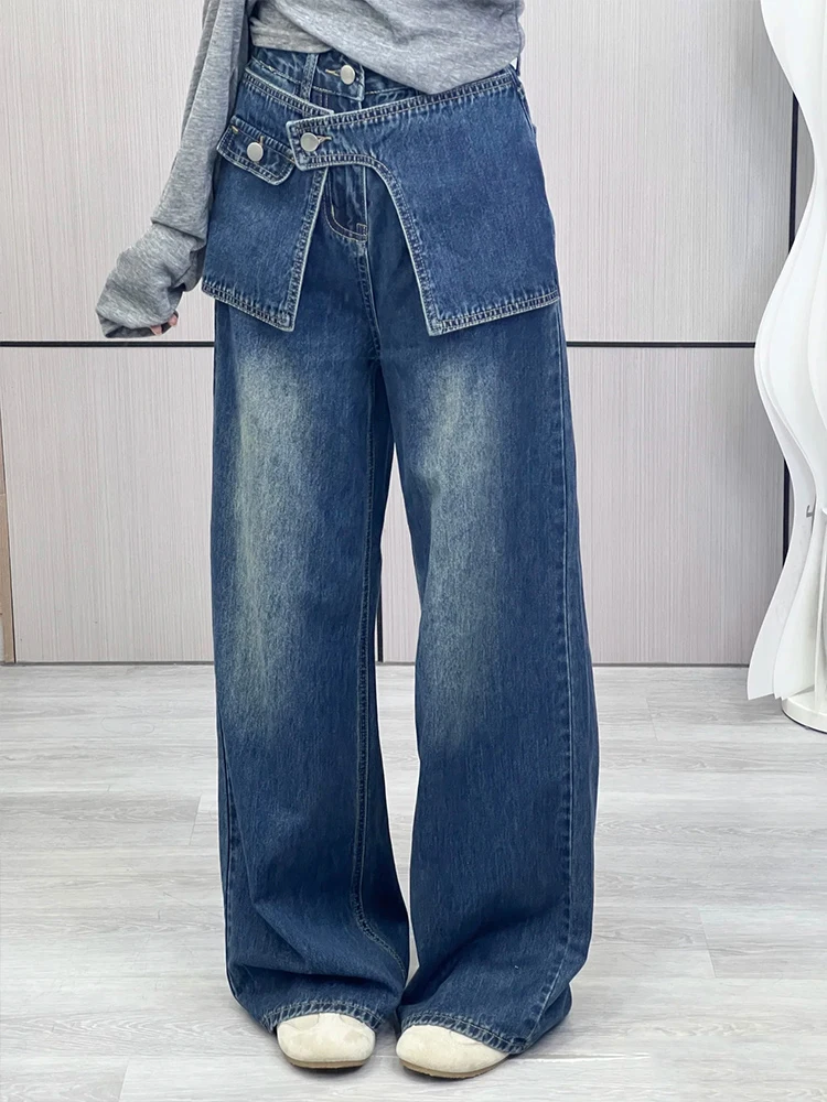 Blauwe denim jeans met wijde pijpen dames herfst nieuw ontwerp faionable gordijn rechte vloerlengte broek splitsen ket ontwerp