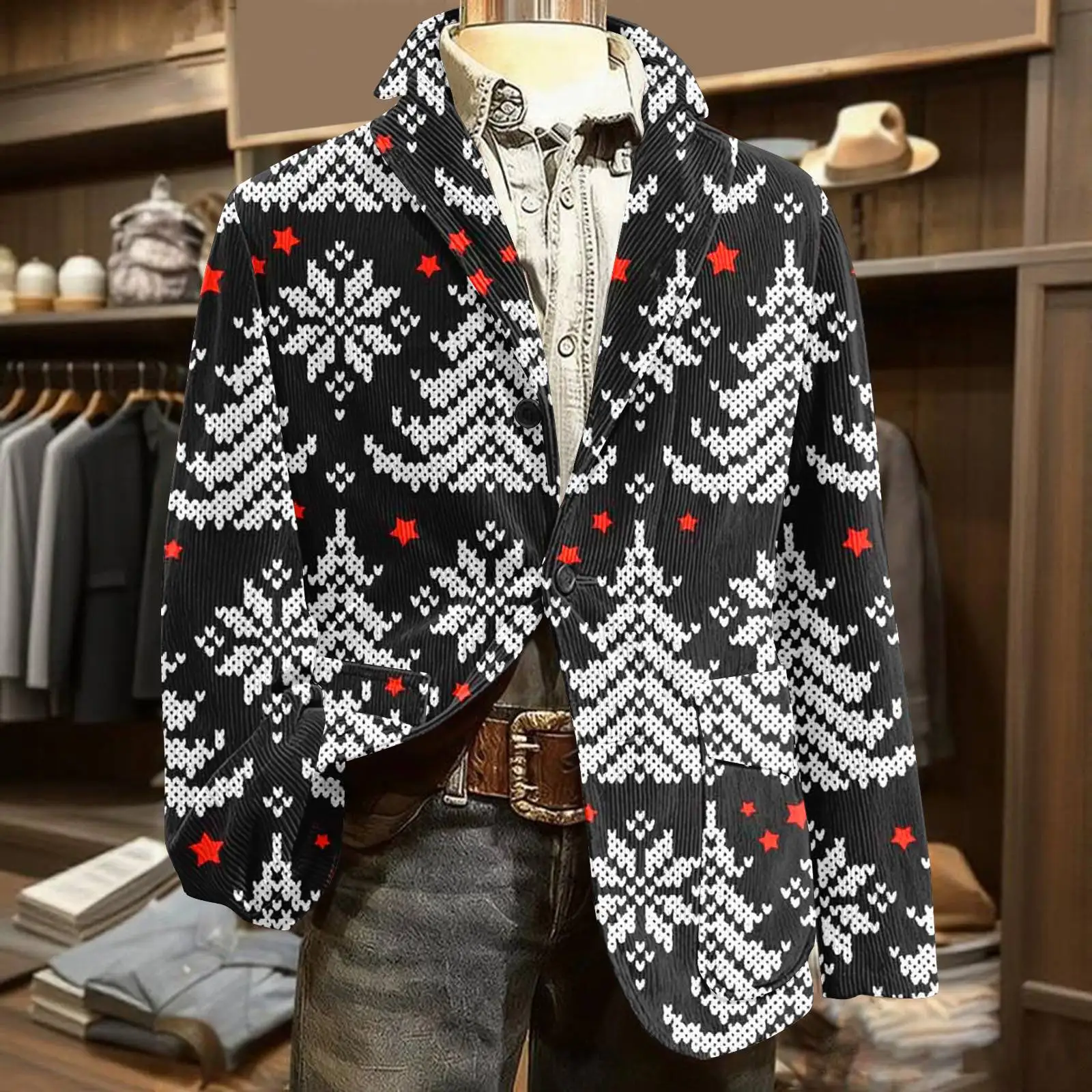 

Christmas Tree Printed Men Blazer Corduroy Warm Pocket Casual Jacket Trendy Men's Apparel Stylish Festive Leisure Blazer Outfit