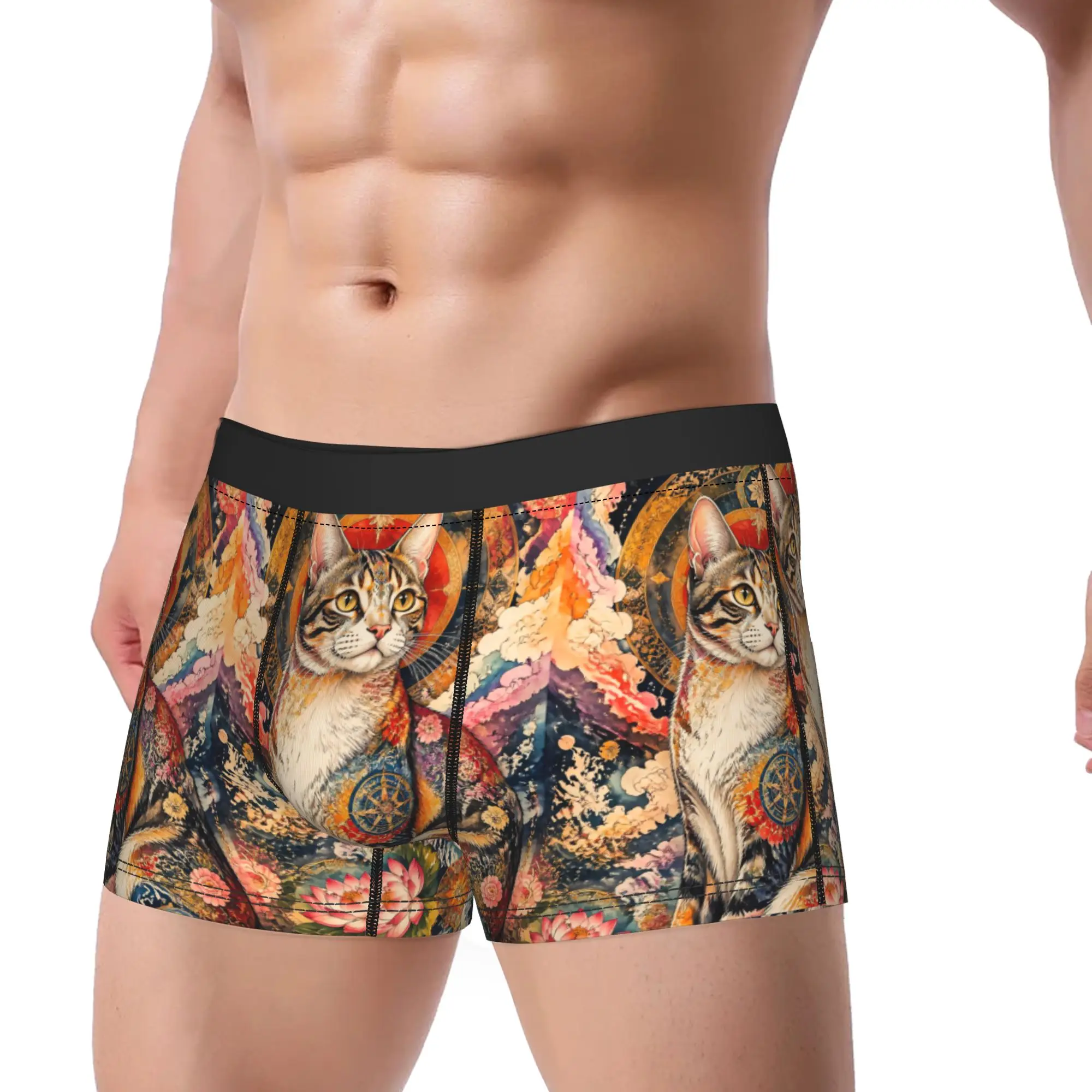 Folk Art Cat Portrait Underwear  Breathable Panties Printing Shorts Briefs For Men 3D Pouch Plus Size Trunk