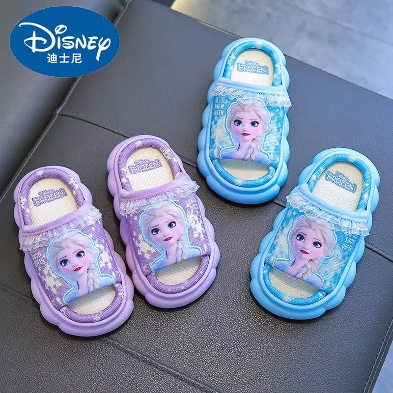 Disney-Chinelos de praia antiderrapantes infantis, chinelos de bebê meninas, desenhos animados princesa Elsa, sapatos de interior para crianças, congelados, novo, 24-36