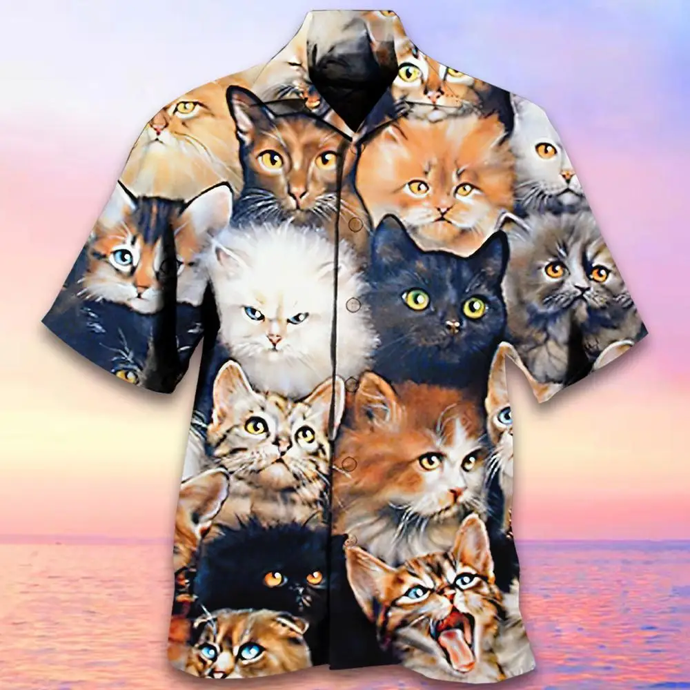 Camisa havaiana com estampa de gato 3D masculina, gola cubana, manga curta, blusa extragrande, moda casual, verão, 2024