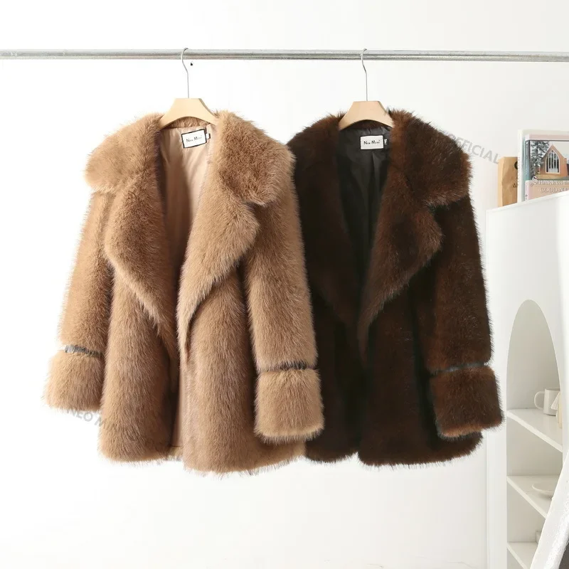 Neo Mint Luxury Brand Long Furry Faux Fur Coat Women 2024 Winter Brown Vintage Gradient Thick Warm Outerwear Fluffy Fur Jacket