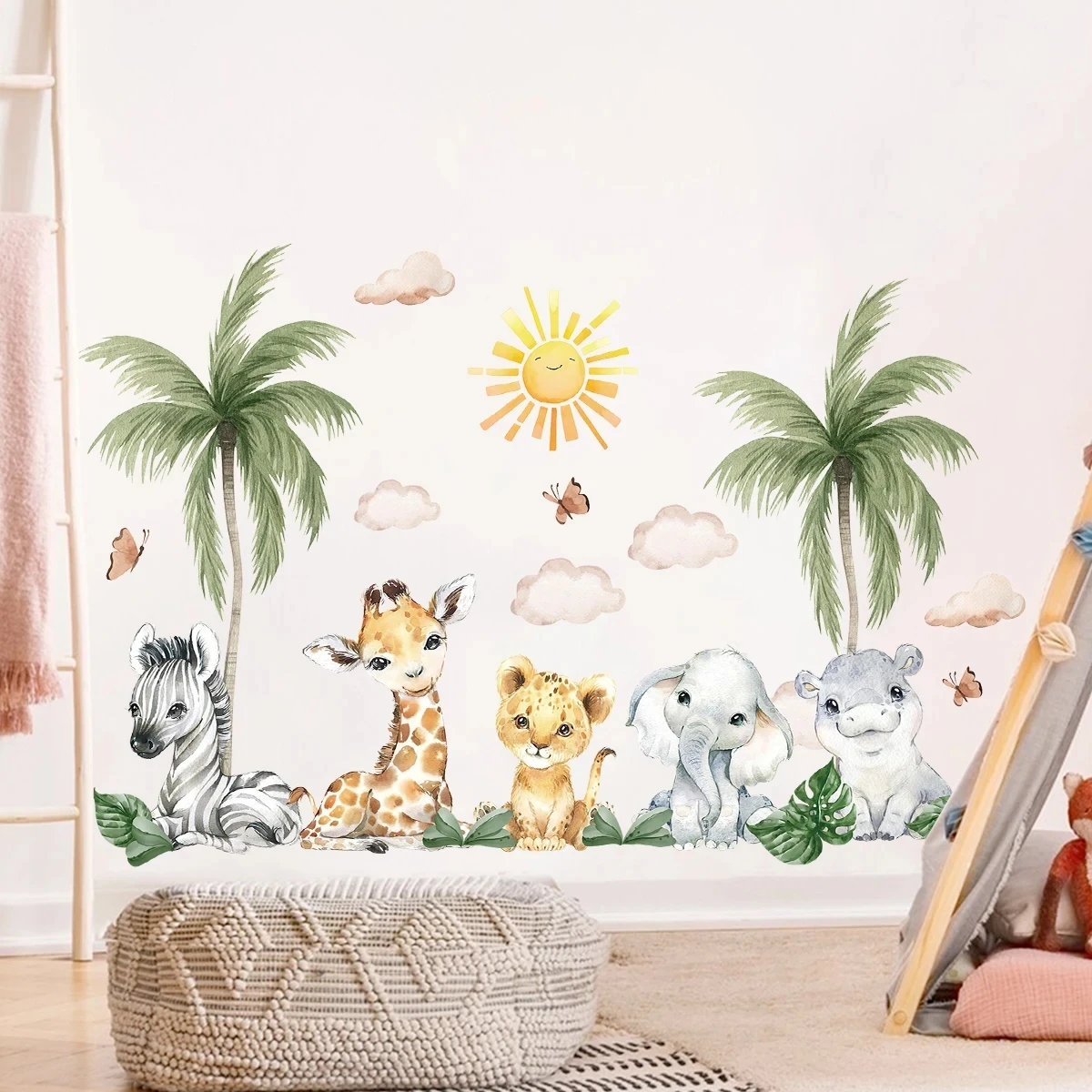 Children\'s Room Wall Stickers Cartoon African Grassland Animals Wall Decals Kids Baby Room Living Room Home Wall Decoration