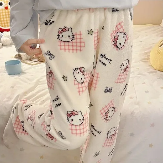 여성용 헬로키티 플란넬 파자마 바지 겨울용 부드러운 보온 라운지웨어 편안한 잠옷 홈웨어 귀여운 만화 커플 선물