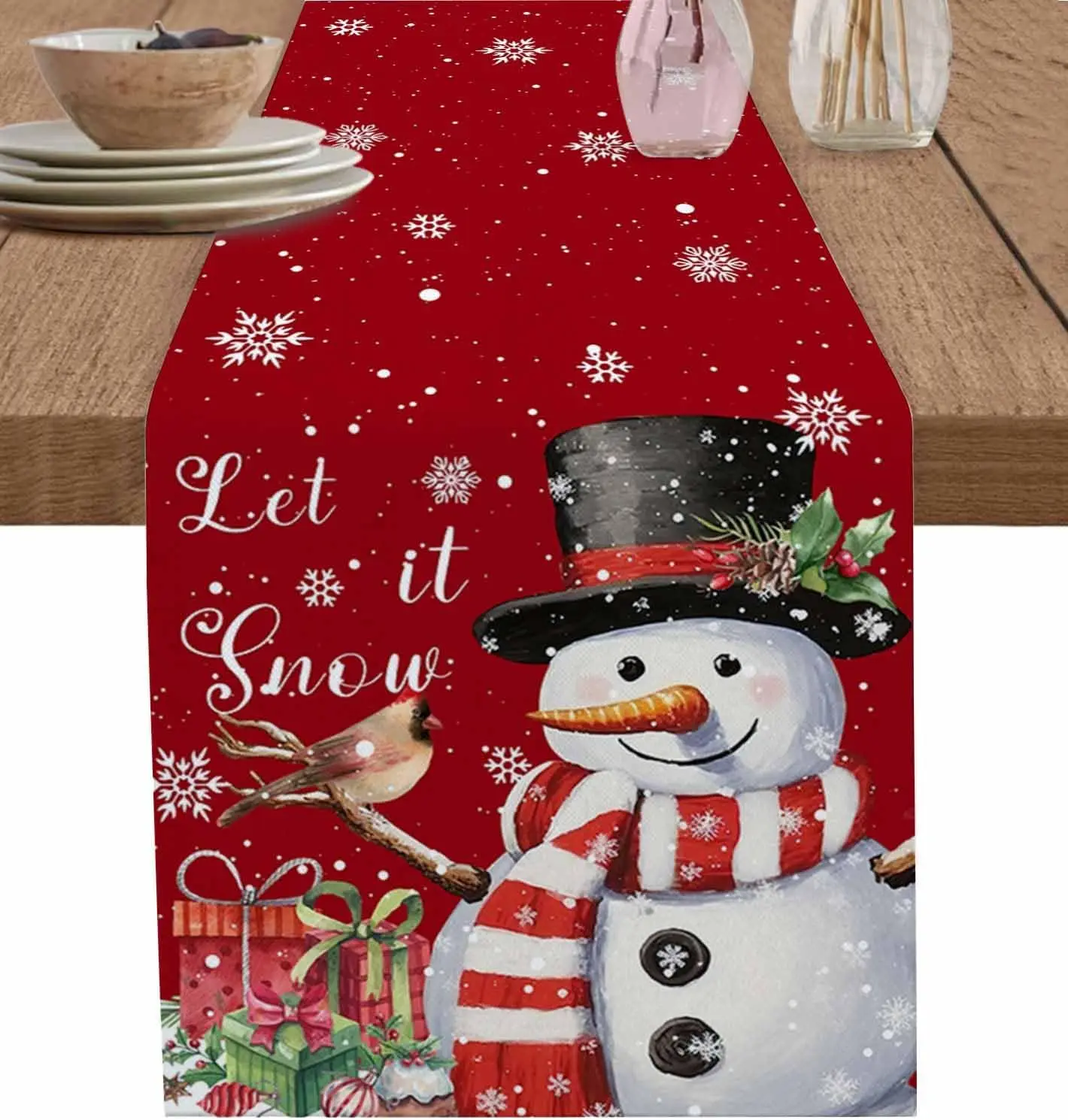 

Christmas Snowman Berry Bird Linen Table Runners Wedding Party Decoration Winter Xmas Dining Table Runners Christmas Decorations