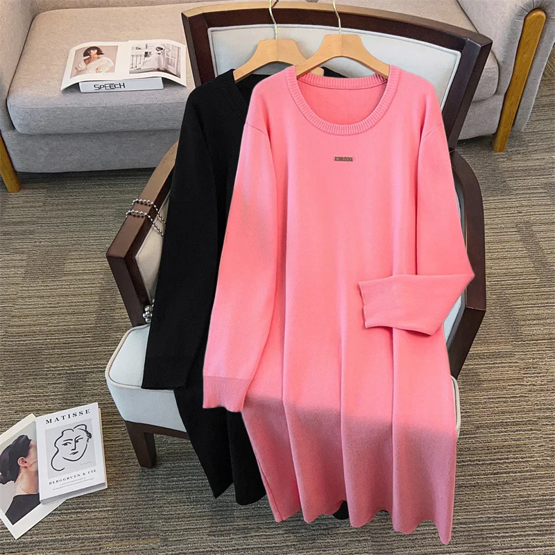 

Женское платье-свитер с длинными рукавами и круглым вырезом, 155 кг, большие размеры, обхват груди 160, осень-зима, черное, розовое, 4XL, 5XL, 6XL, 7XL, 8XL, 9XL