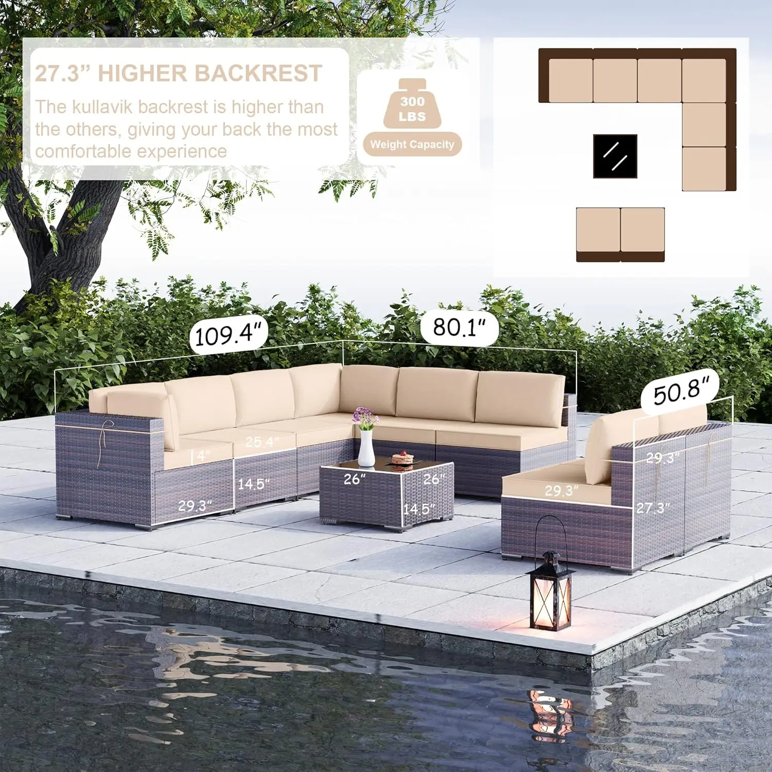 12PCS Outdoor Patio Furniture Set PE Wicker Rattan Sectional Sofa Patio Conversation Sets,Sand