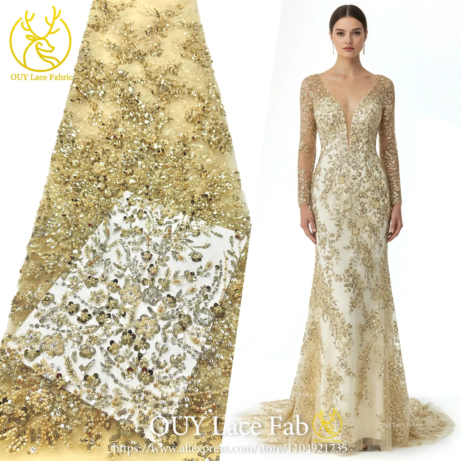 

2026 African Sequin Lace Fabric 5 Yards High-Quality Nigerian Beaded Mesh Lace Fabric Evening Gown, Wedding Dress Sewing