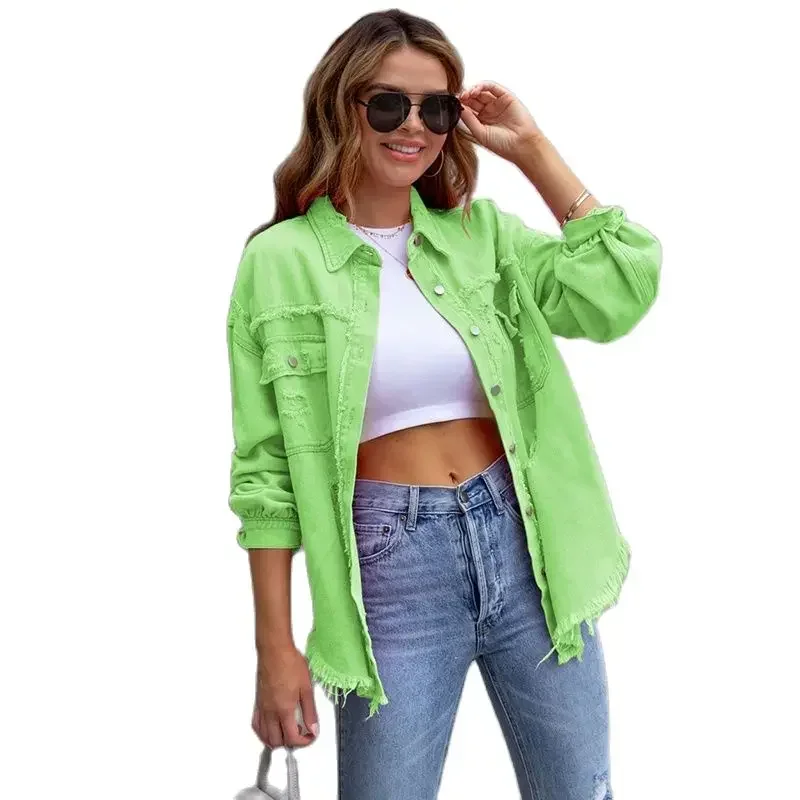 Green Pink Shirt Style Denim Jacket Women Holes Raw-edges Jean Coat Casual Tops Spring Autumn Female Oversize Loose Outerwear