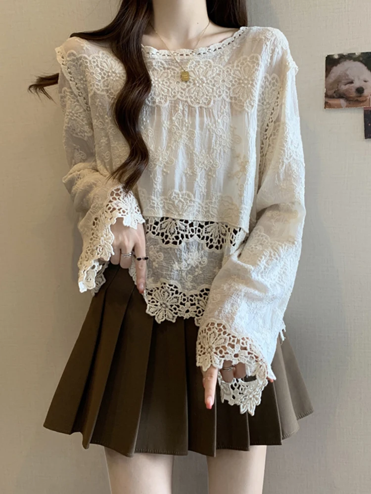 

Ele Lace Hollow out Heavy Embroidery T-irt Women Summer plus Size Beautiful Top Casual Loose Fit Long Sve round Ne