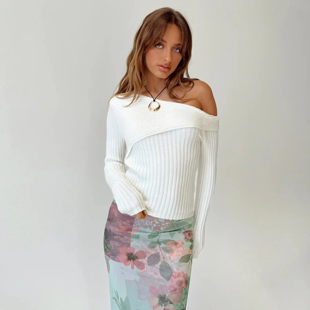 أفضل بائع لخريف وشتاء على الطراز الغربي سترة فرنسية مثيرة بقصة ضيقة - غير متماثلة خارج الكتف بياقة بيتر بان مضلعة صلبة طويلة- #3