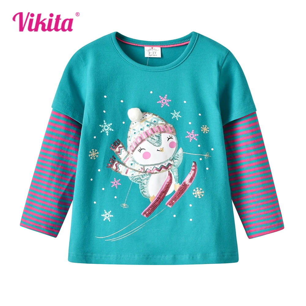 VIKITA Kids Long Sleeve Striped T Shirt Girls Snowman Snowflakes Cartoon Appliqued Cotton Casual Tops and Tees Kids Clothes