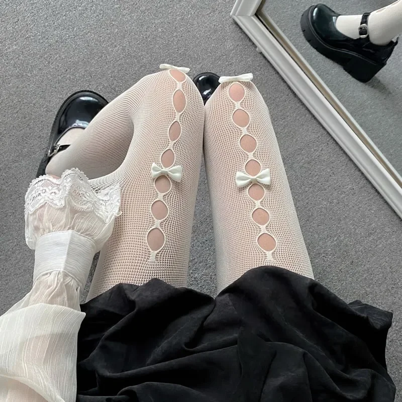 اليابانية الحلو لوليتا الجوارب النساء Kawaii الأبيض القوس اللباس الداخلي الجوارب الإناث JK نمط أسود مثير جوارب شبكية الفخذ العليا الجوارب