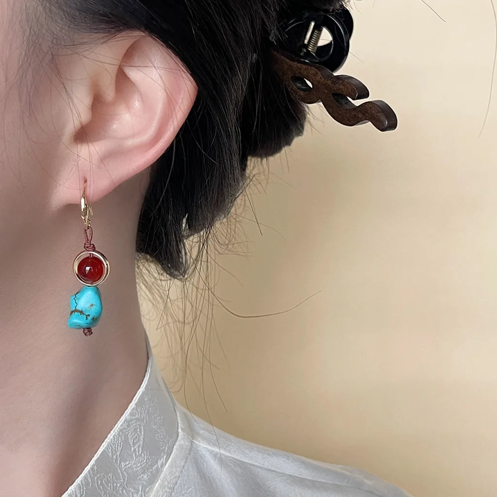 

Handmade Tibetan Turquoise Agate Dangle Earring For Women Gold Plated Ethnic Personalized Jewelry Gifts