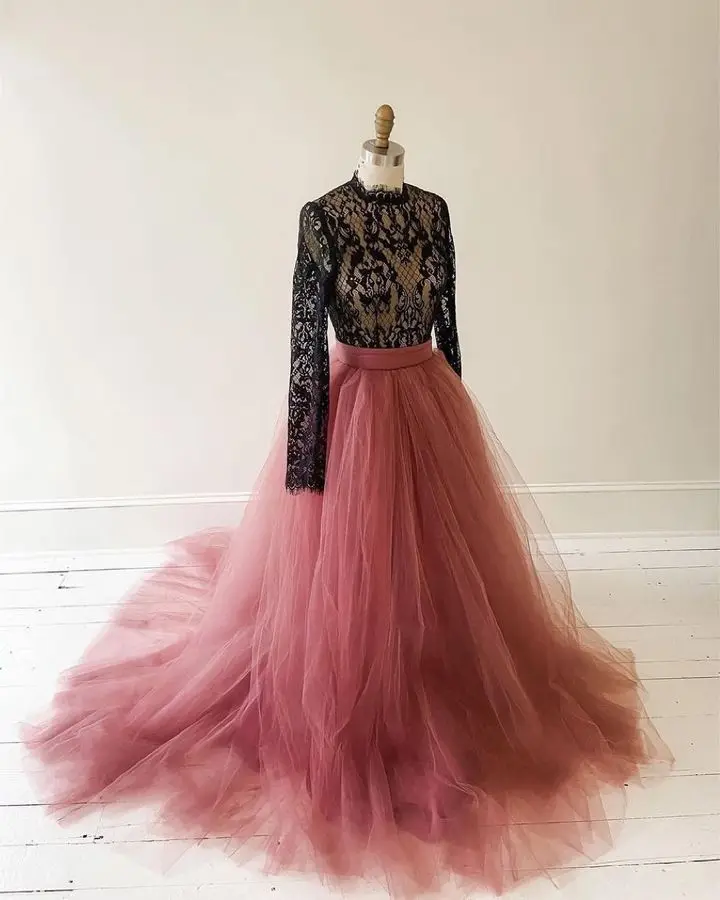 Bohemian Wedding Dress Long Sleeves Black And Pink Pastrol A Line Lace top And Tulle Skirt Bridal Gown Sexy Open Back Customized