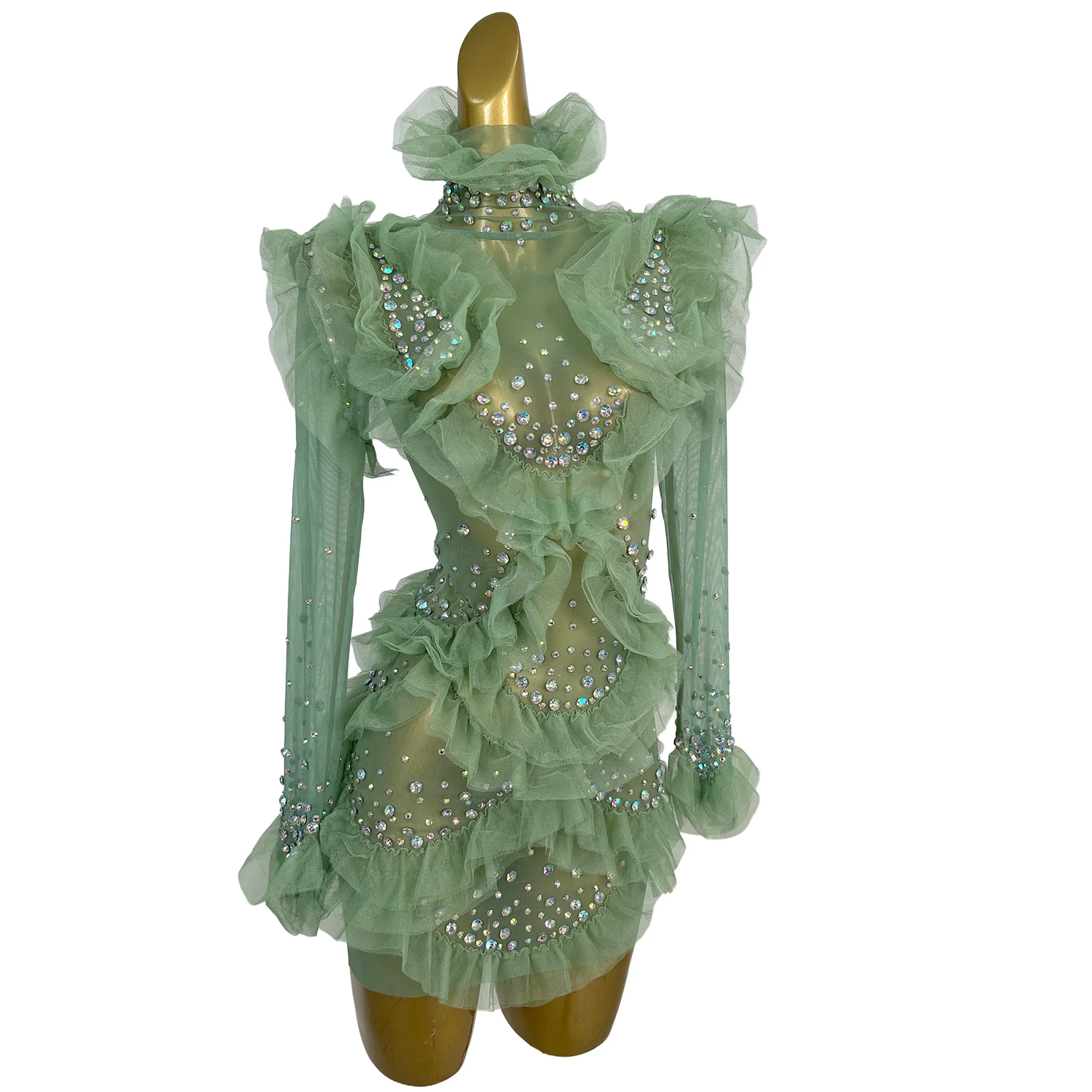 

Mocha Mint Green Mesh Ruffle Mini Dress with AB Rhinestone Embellishments and Long Sleeves for Evening Parties