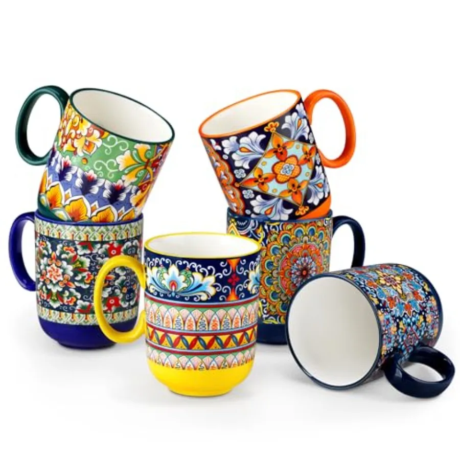 

Boho Coffee Mugs Set of 6 14 oz Ceramic Mugs with Handle Colorful Porcelain Cups Microwave Dishwasher Safe for Latte Tea Cappuc
