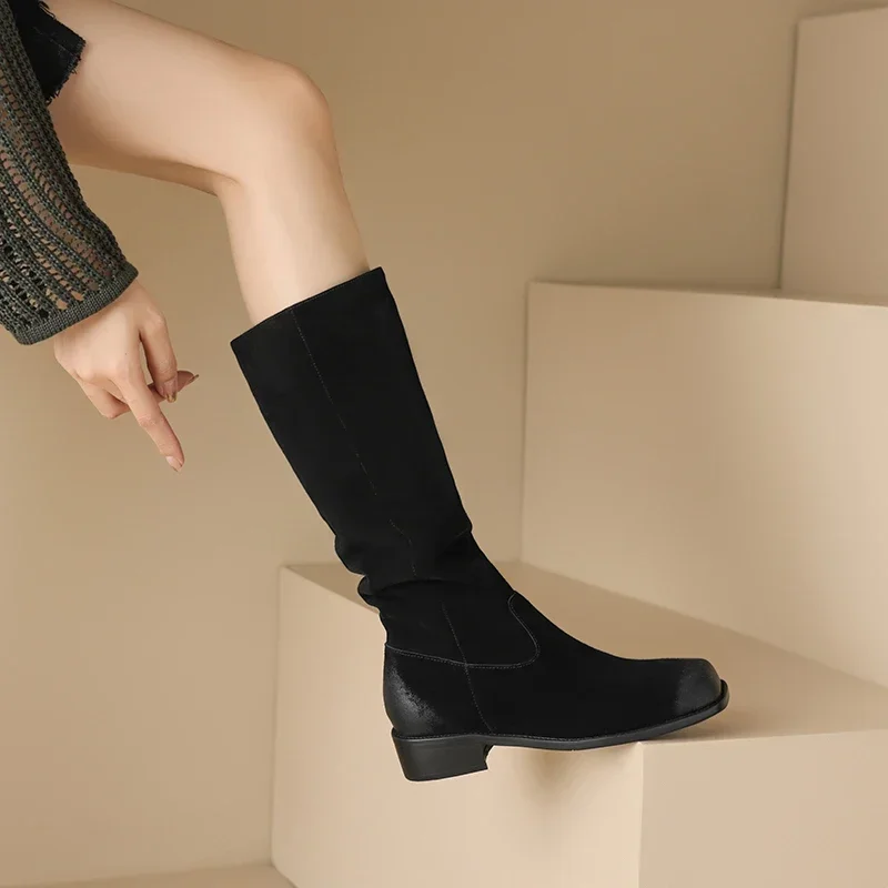 2024 New Cow Suede Retro Women Boots Autumn Winter Slip-On Mid-Calf Boots for Women Square Toe Square Heel Basic Shoes High