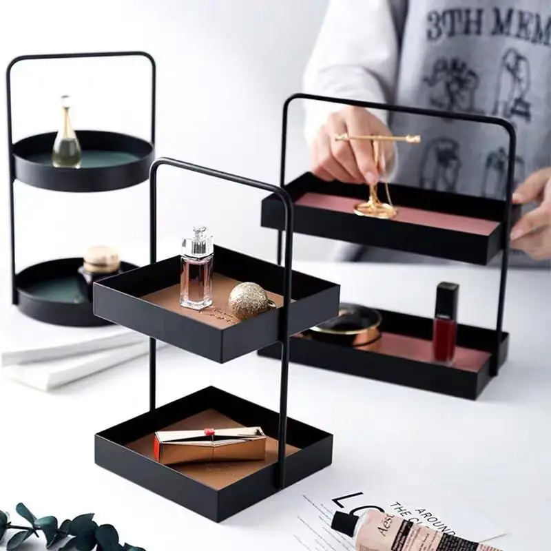 

2-layer Metal Storage Tray Jewelry Display Plate Cosmetic Sundries Organizer Tray with PU Leather Pad for Desktop Decor